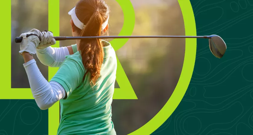 A woman finishing a golf swing and looking into the distance. The RDP logo is superimposed behind her