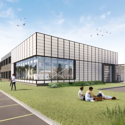 A 3D rendering of the exterior of the new CIM-TAC expansion showing large windows and an angular frame