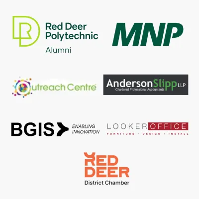 RDP Alumni, MNP, Anderson Slip LLP, Red Deer Chamber, and Outreach Centre, BGIS and Looker Office Furniture Logos