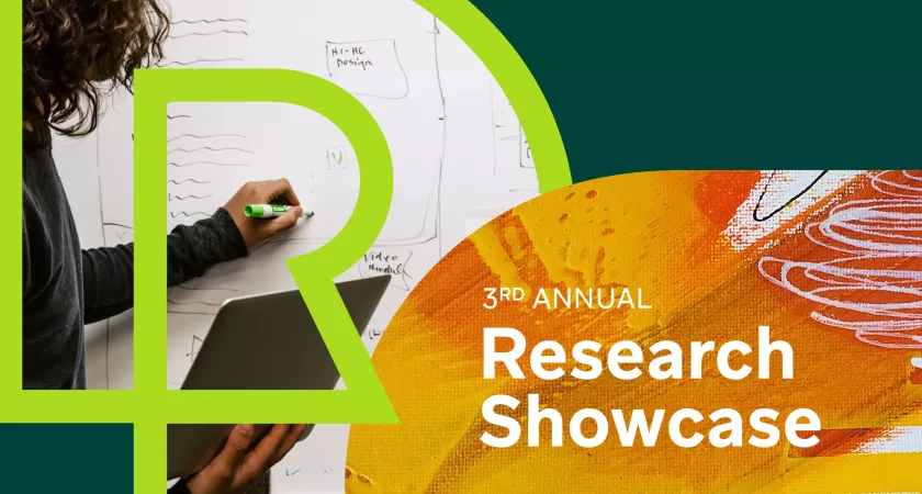 A researcher writes on a whiteboard. Overlay of RDP logo and a textured image of paint & ink swirls with text "3rd Annual Research Showcase"