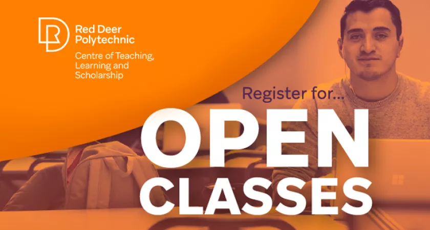 Graphic that says "Register for Open Classes" with a picture of male student in the background