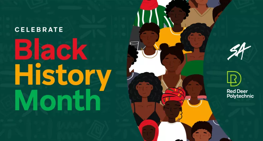 On a green background with Afro print patterns the words "Black History Month" in red, yellow & green. On the right is an illustration of a group representing Black people of various genders and backgrounds.