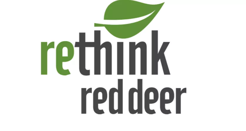 ReThink Red Deer logo with text in black and green and a graphic of a green leaf