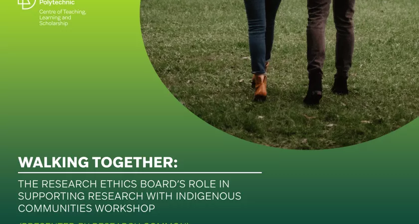 Graphic with two people walking with text that reads: "Walking Together: The Research Ethics Board's Role in Supporting Research with Indigenous Communities Workshop"