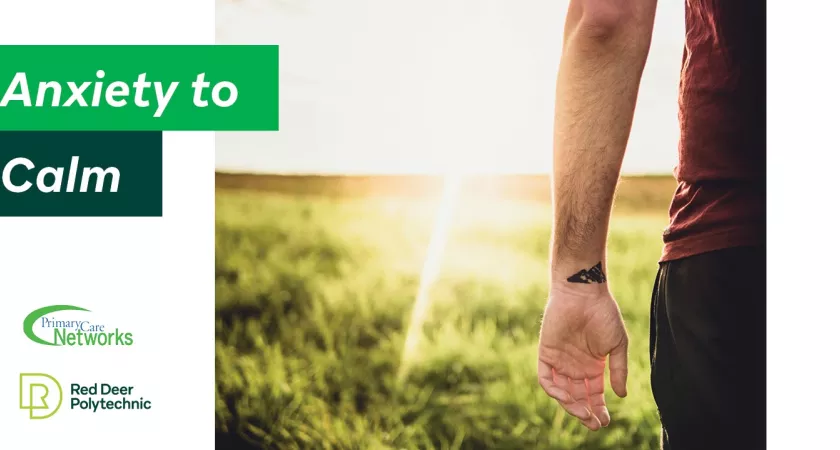 A photo of a man's arm in front of a sunlit field. Text reads "Anxiety to Calm"