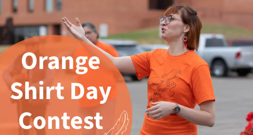 Student wearing an orange shirt. Text is Orange Shirt Day Contest.