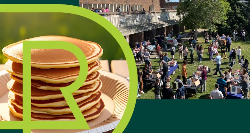 A stack of pancakes overlayed with RDP graphics and a crowd of people on campus