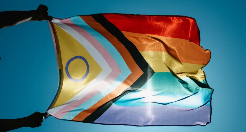 Two hands hold a progressive pride flag in the air, the sun shines through the semi-translucent fabric.