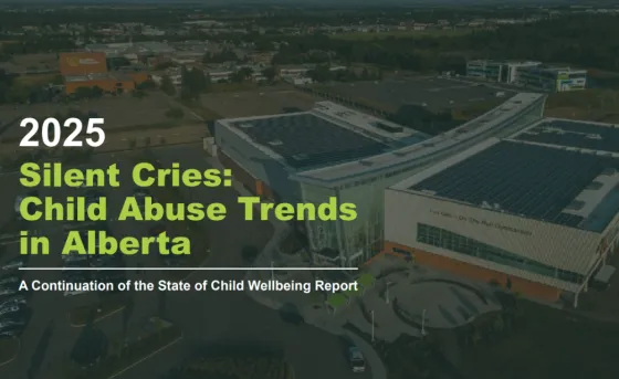 A faded picture of RDP's campus from the sky with text that reads: "Silent Cries: Child Abuse Trends in Alberta"