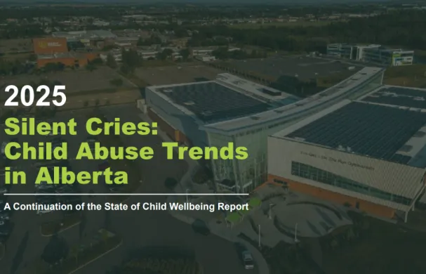 A faded picture of RDP's campus from the sky with text that reads: "Silent Cries: Child Abuse Trends in Alberta"