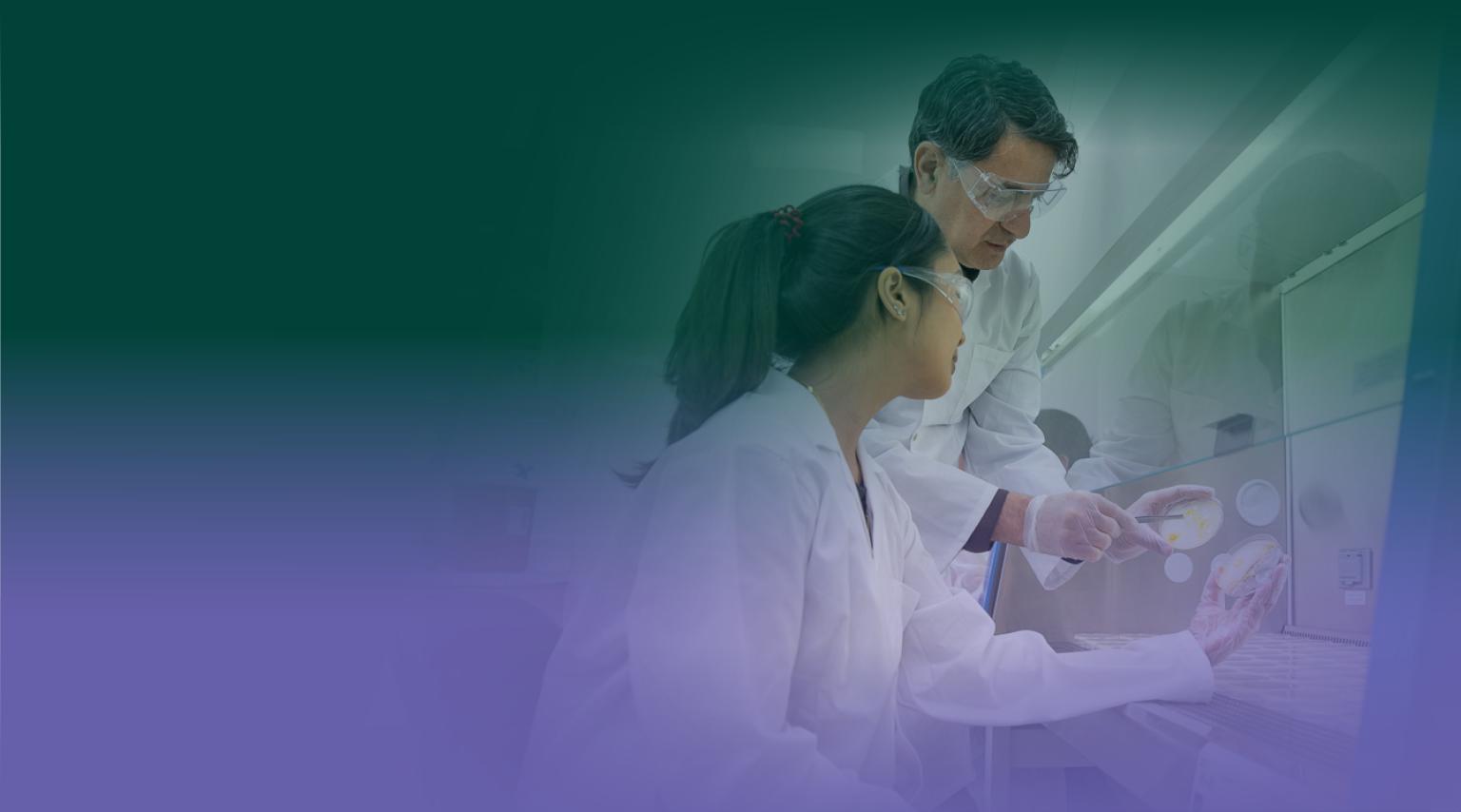 A male instructor and a female student in lab coats and safety goggles look towards some equipment. RDP gradient of green and purple is faded overtop of the image