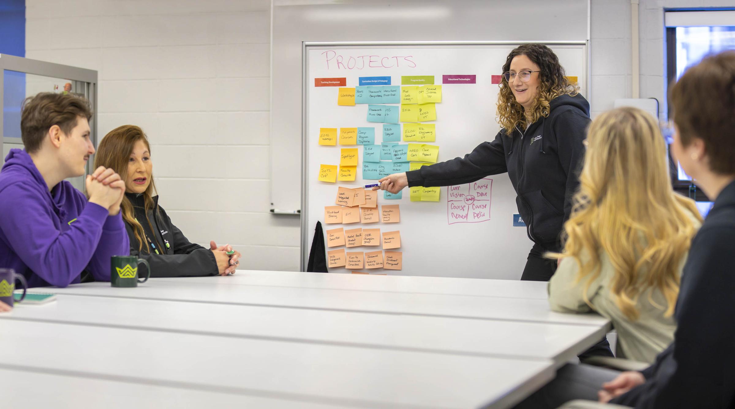 Woman at a whiteboard collaborating with others seated around a table.