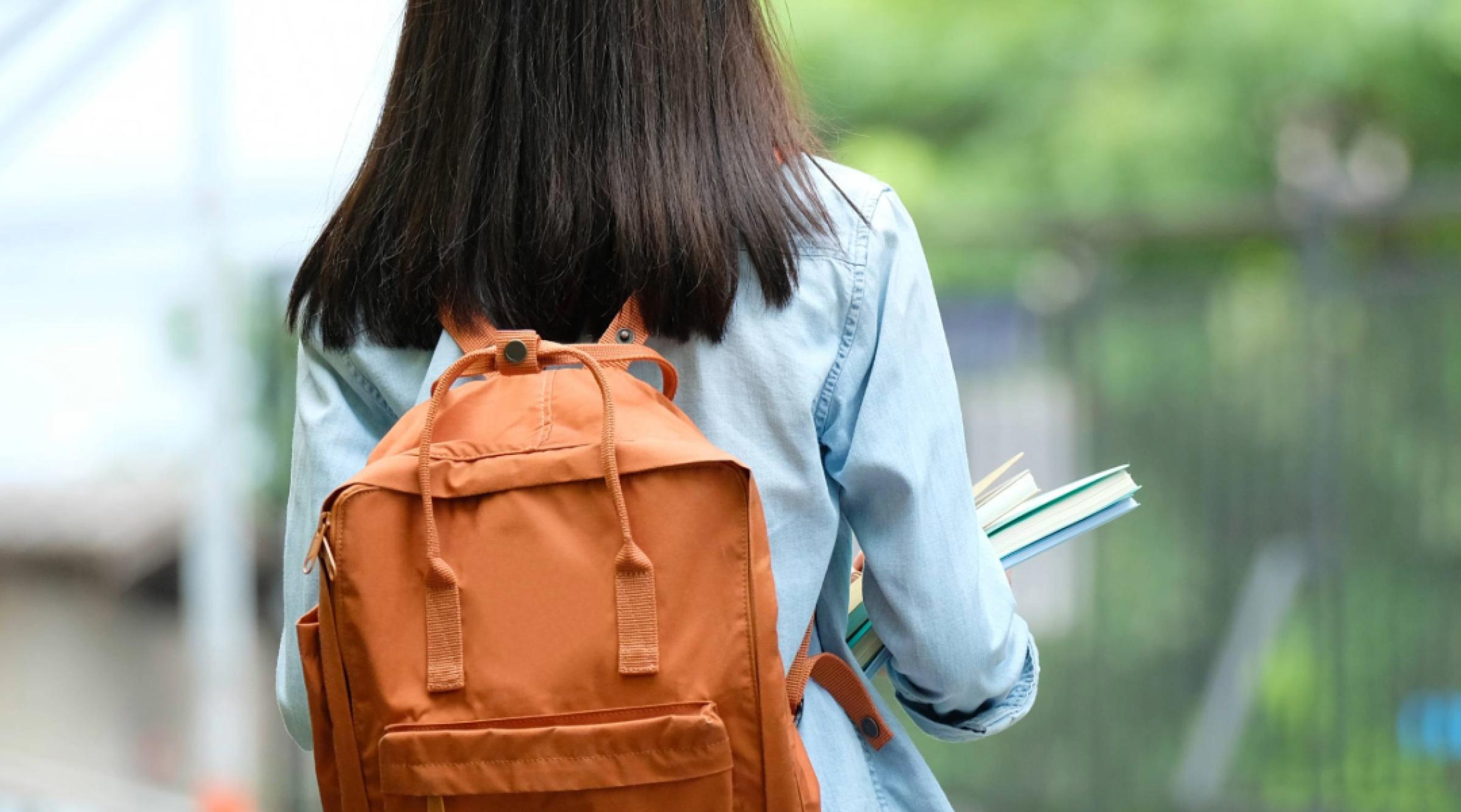 A student with long black hair wearing a long sleeve blue shirt and a brown backpack faces away from the camera looking at green trees in the background.