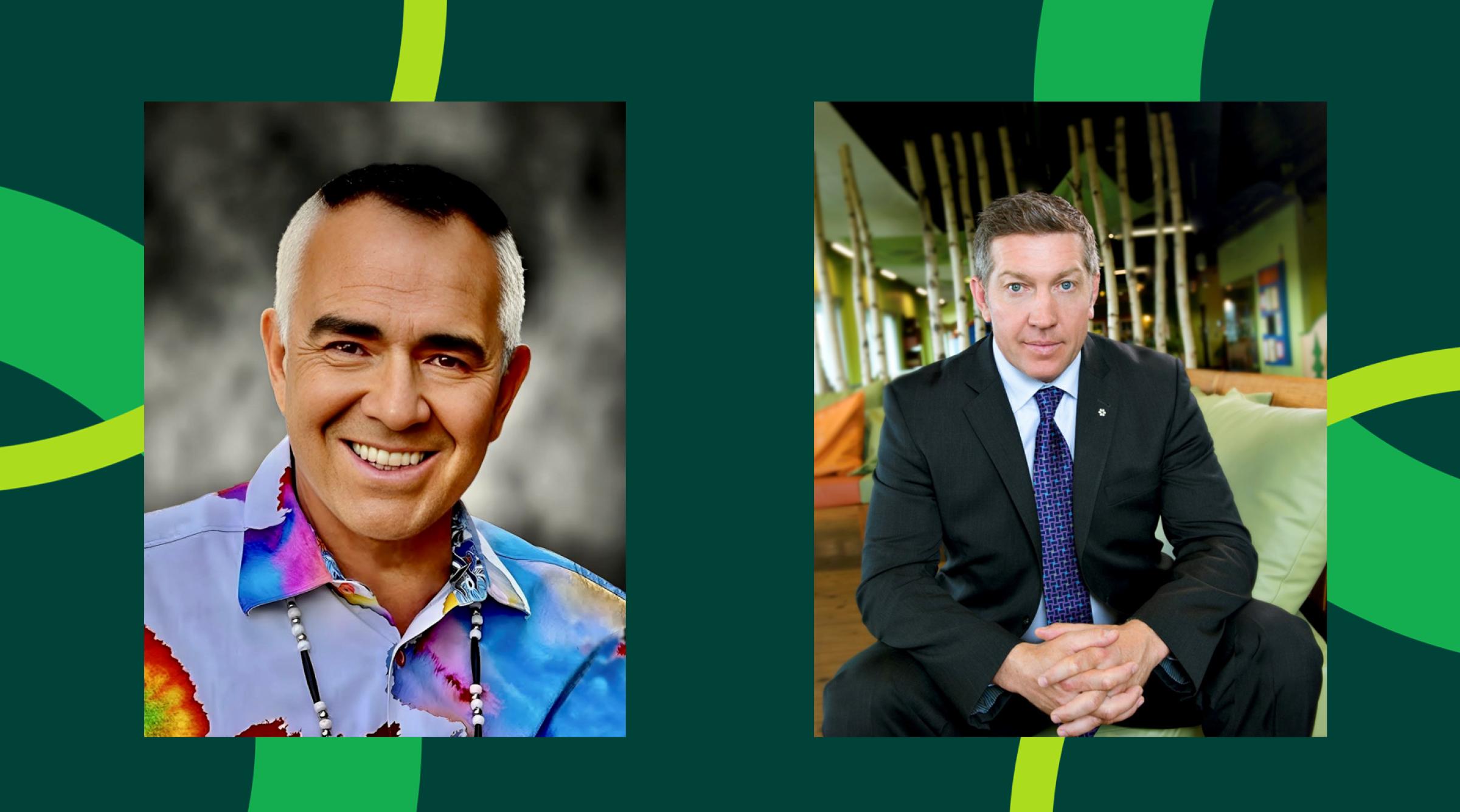 Smiling headshots of George Littlechild and Sheldon Kennedy