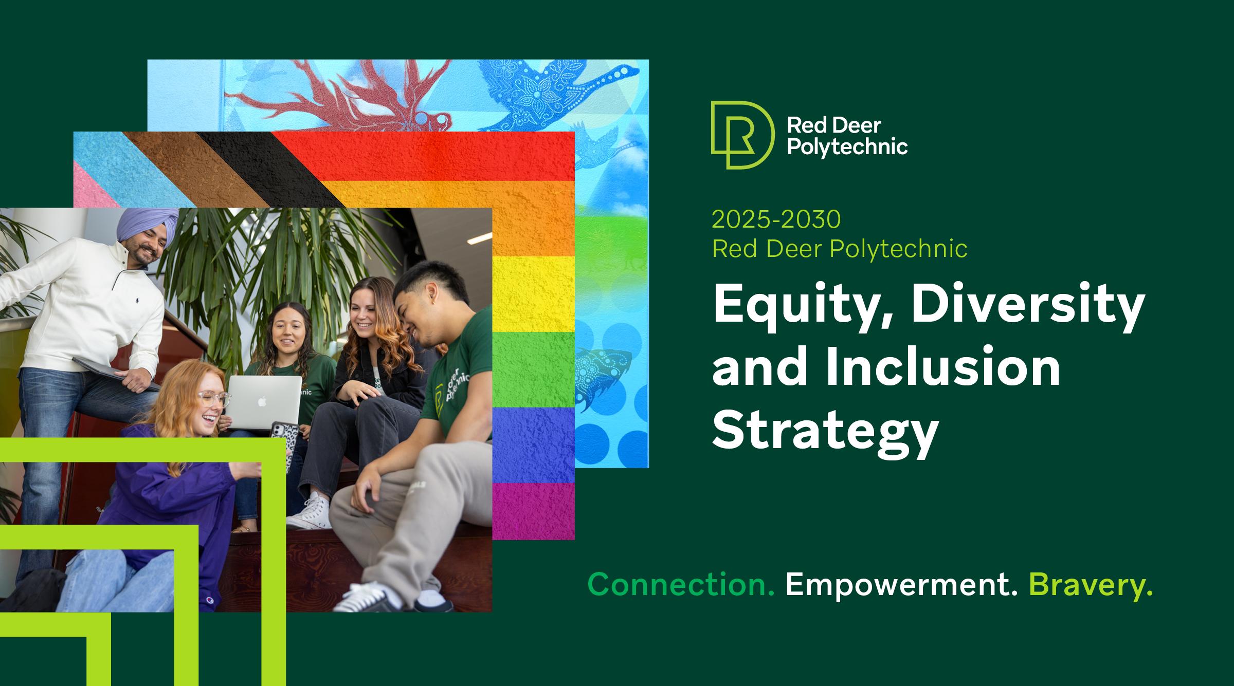 The cover of the strategy document. Four layered images: Three lime green squared corners, a group of students laughing in onversation, the progressive pride flag, artwork from the Indigenous Initiatives Centre.