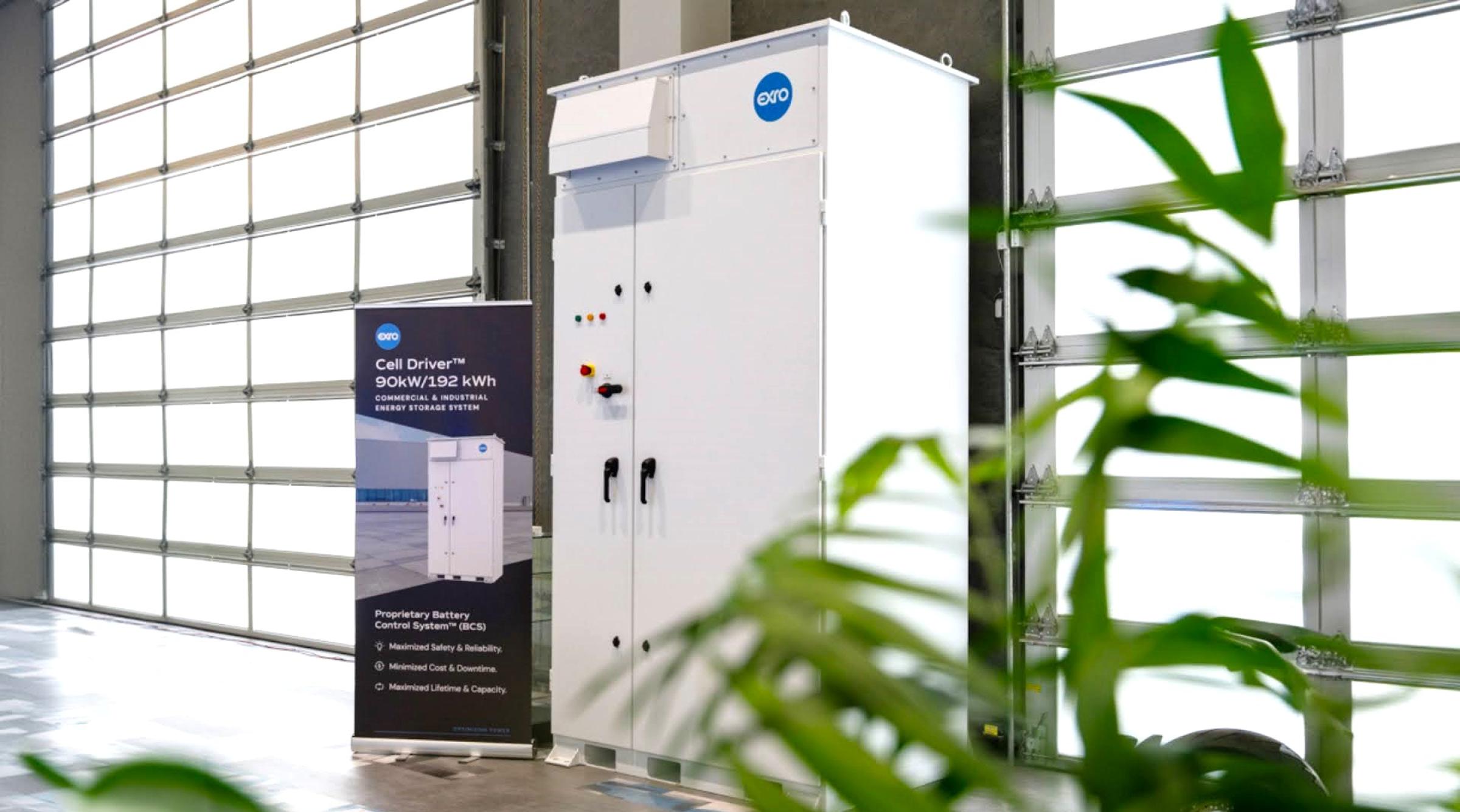 The Cell Driver Battery Energy Storage system - a large white rectangular unit with the Exro logo in blue