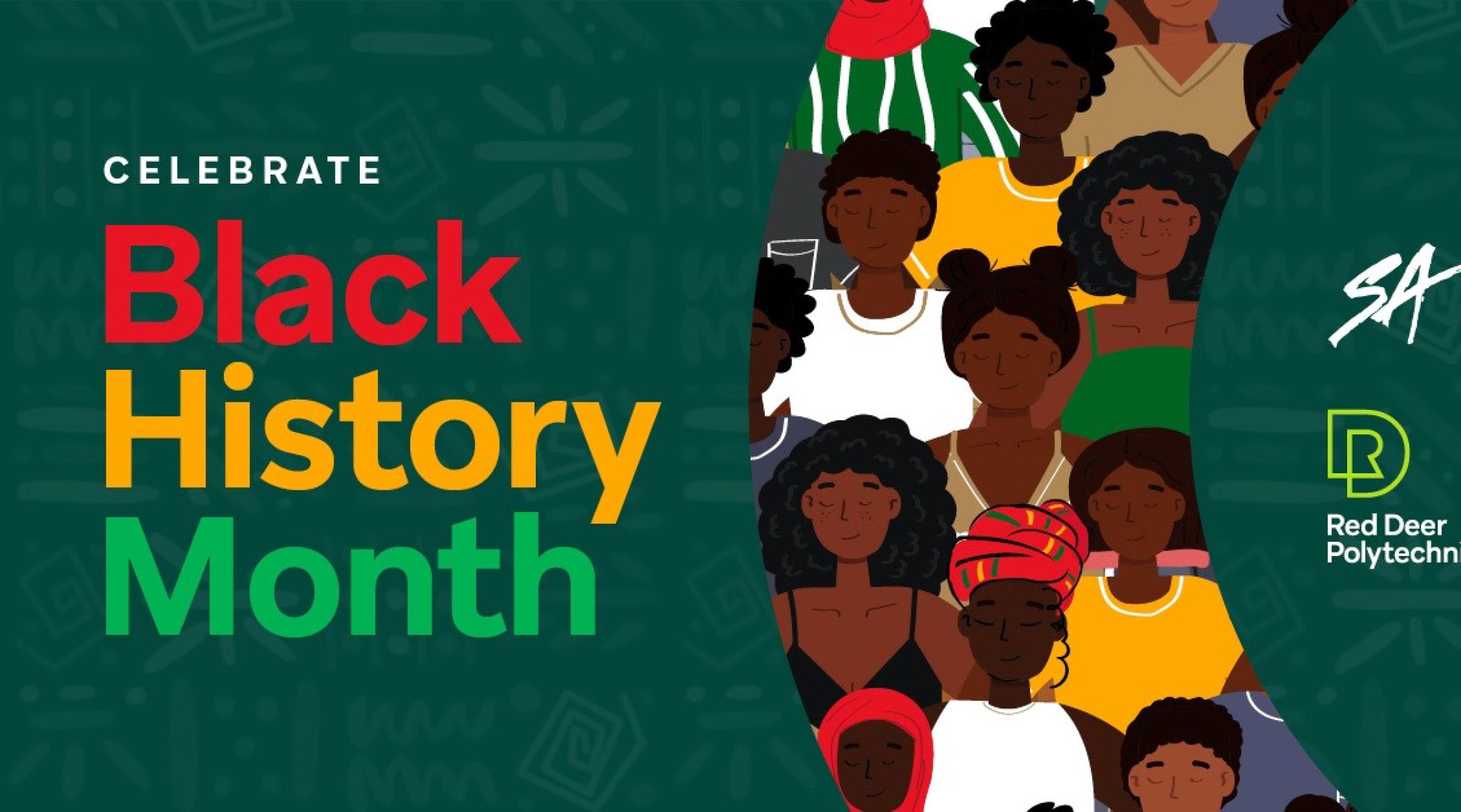 Graphic illustrative-style of many diverse Black people with text that reads "Black History Month"