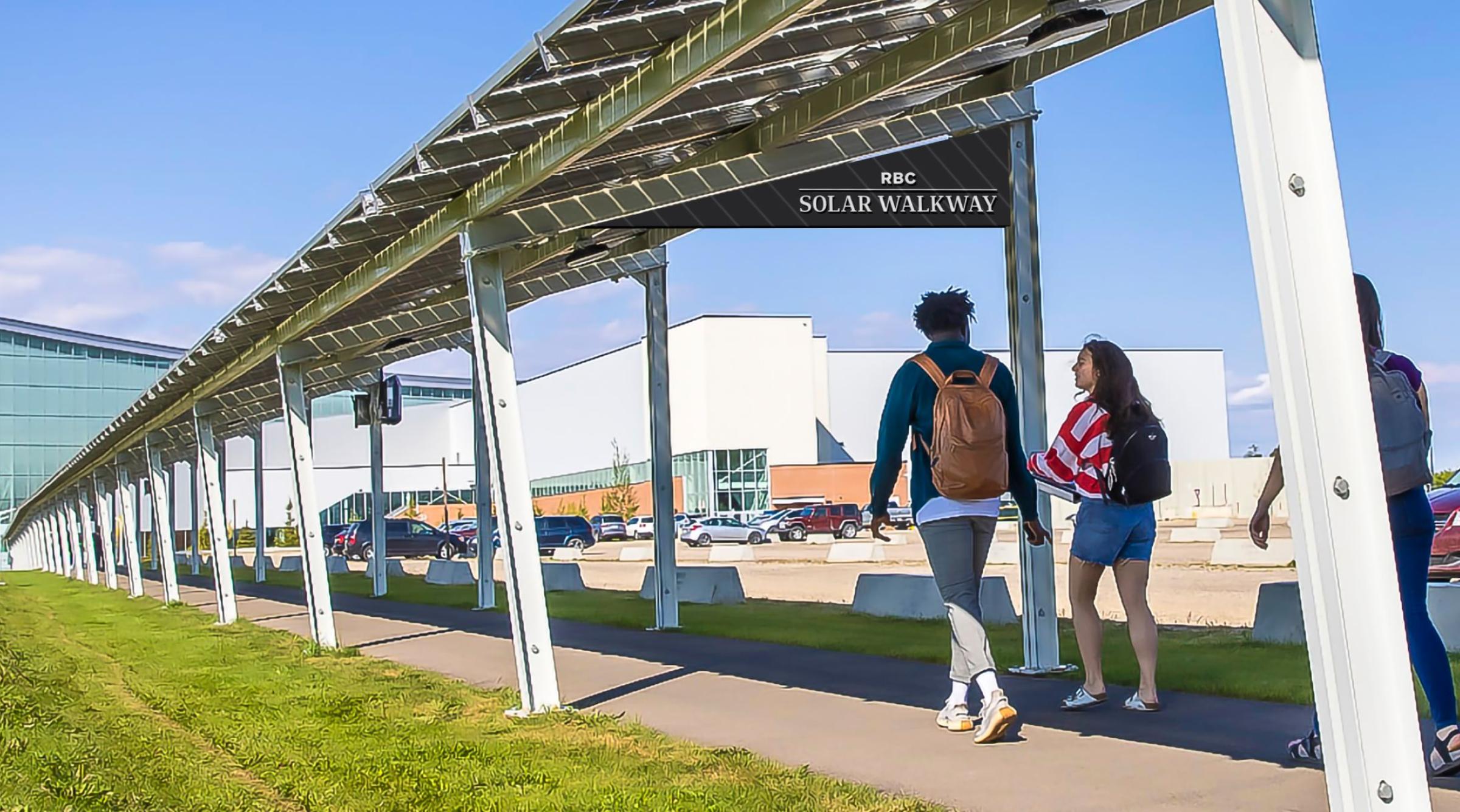 Students walking through the RBC Solar Walkway outside of RDP's main building
