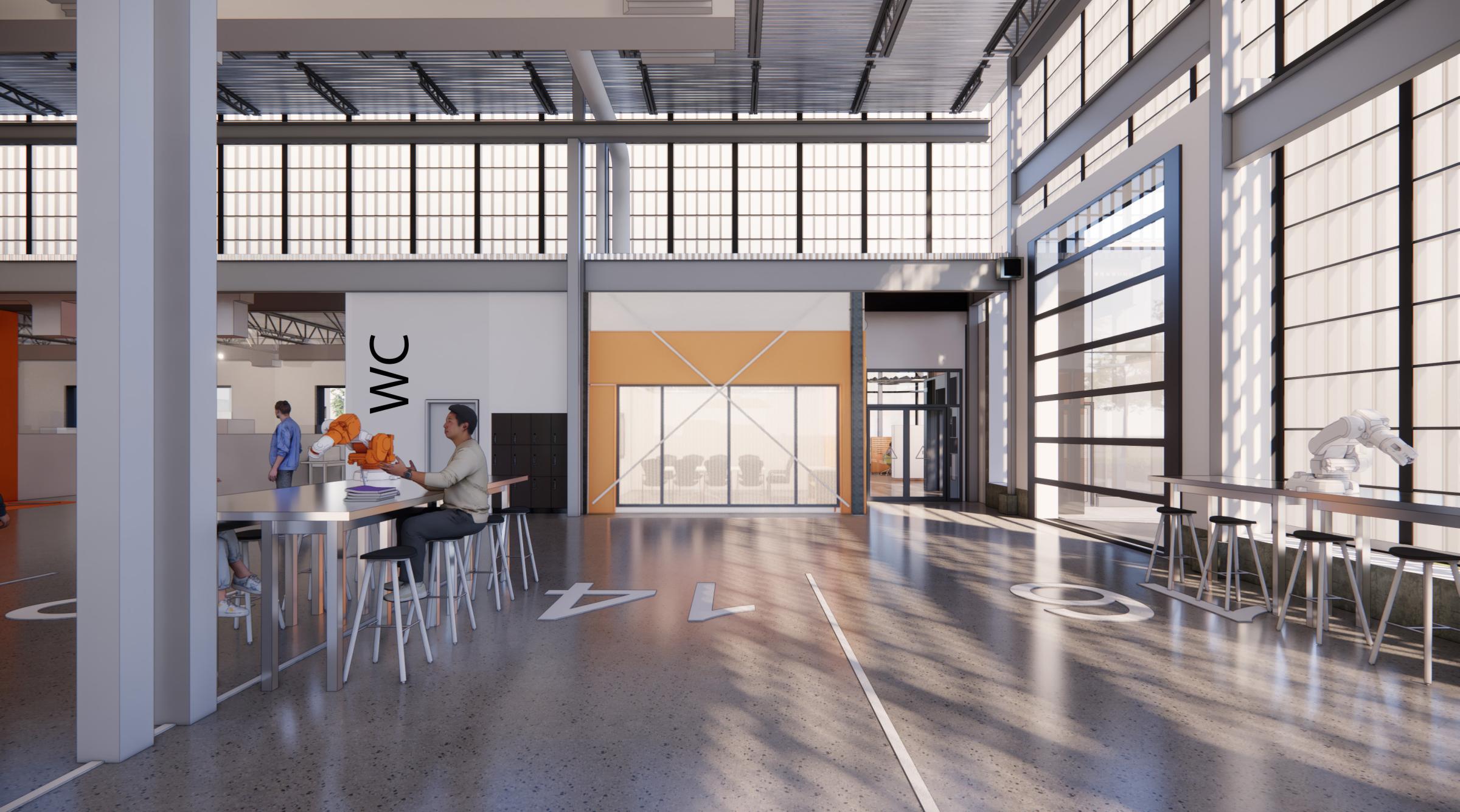 3D rendering showing the inside of the CIM-TAC expansion. A large workshop with high ceilings and lots of natural light