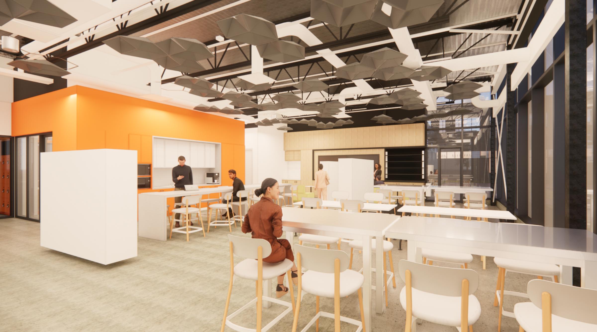 A 3D rendering of an interior shared space in the CIM-TAC expansion