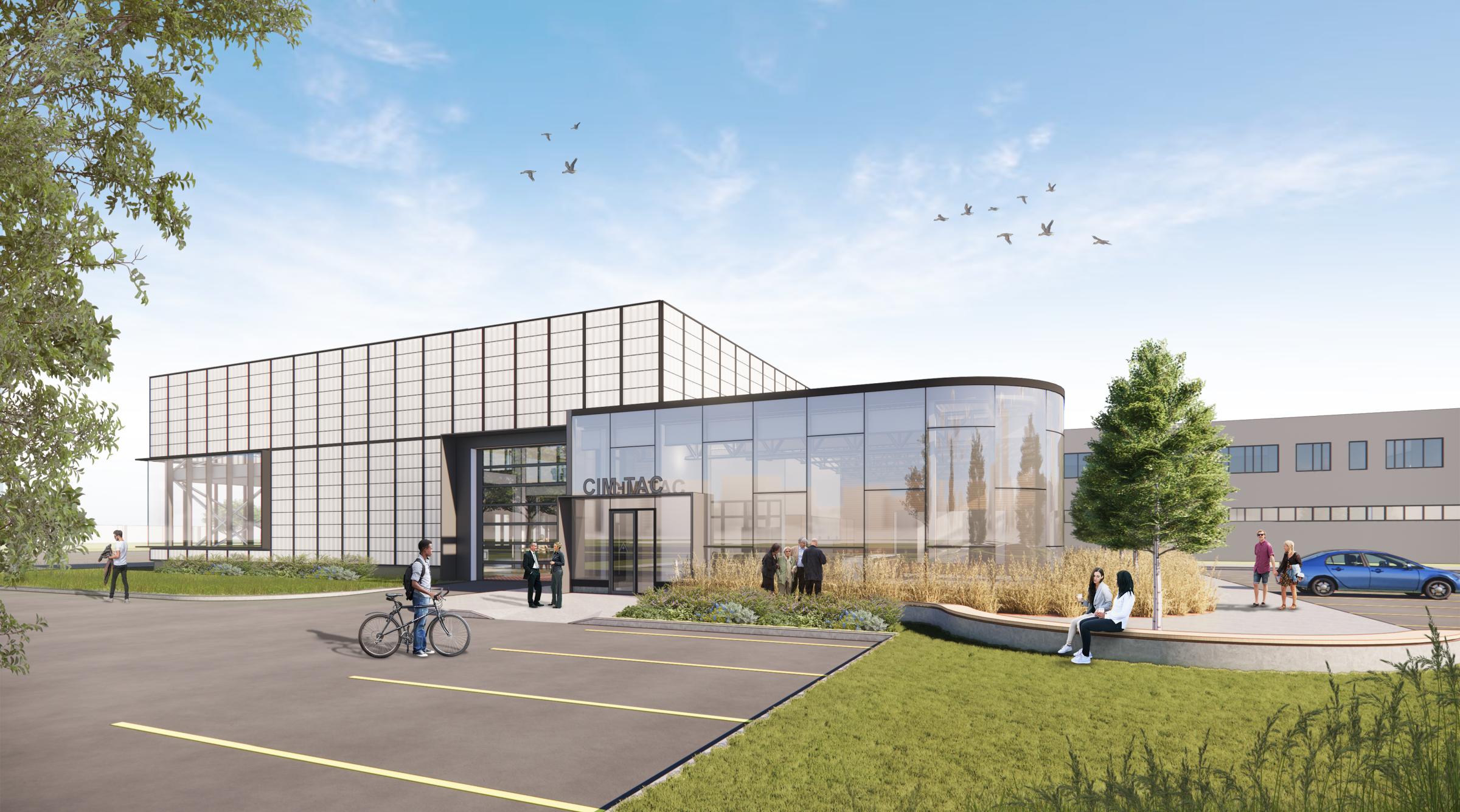 A 3D rendering of what the exterior of the new CIM-TAC expansion will look like. Wide glass building