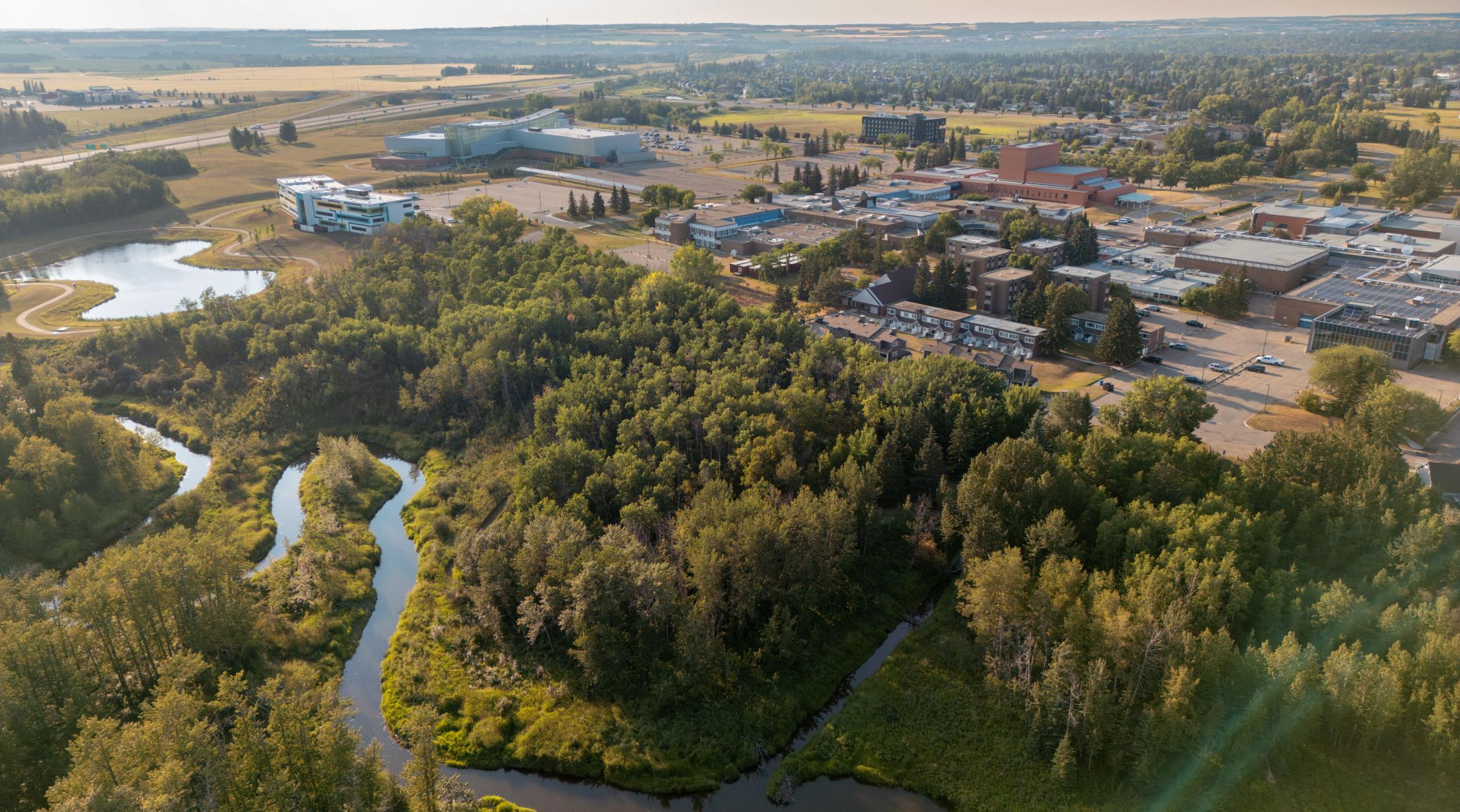 Aerial view of RDP's main campus. Features a winding creek, lush green trees, and the school buildings
