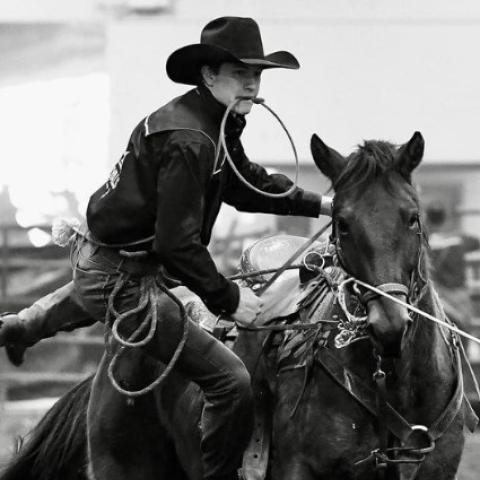 A young cowboy vaults onto a moving horse with a lasso between his teeth. A black and white photo