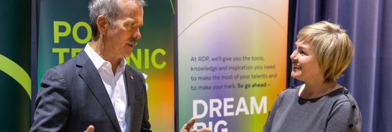 Chris Hadfield talking with attendee at Perspectives student session