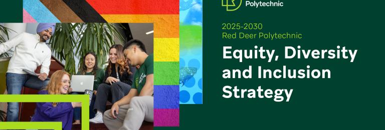 The cover of the strategy document. Four layered images: Three lime green squared corners, a group of students laughing in onversation, the progressive pride flag, artwork from the Indigenous Initiatives Centre. 
