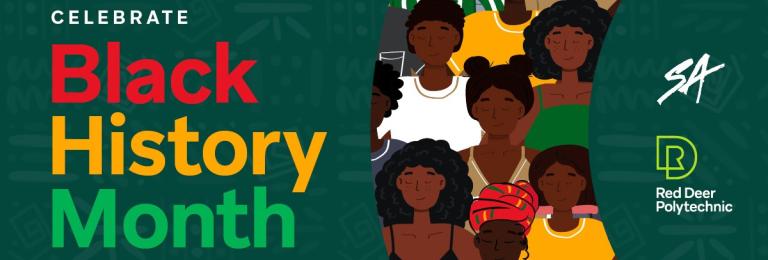 Graphic illustrative-style of many diverse Black people with text that reads "Black History Month"