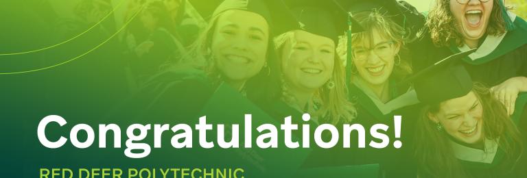 Graduating students in grad hats and gowns smiling at camera. A green gradient overlays the photo and text reads Congratulations! RDP Class of 2025