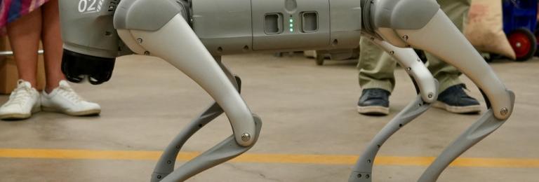 Dr. Woof, a grey robotic dog, stands on four legs in profile