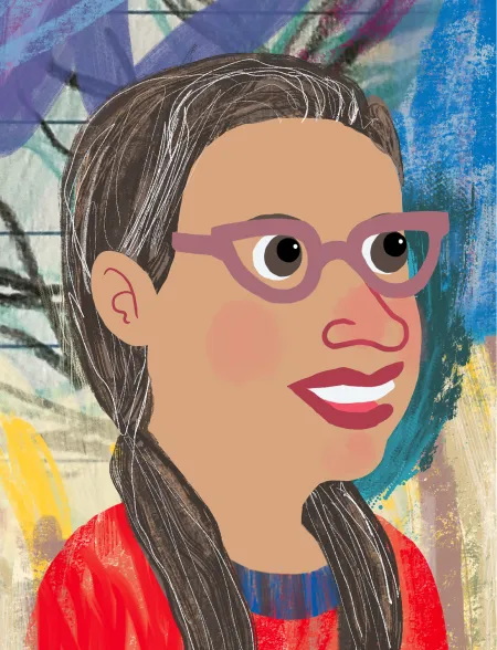 A digital portrait of Carolyn with long brown & grey hair tied into pigtails and pink glasses.