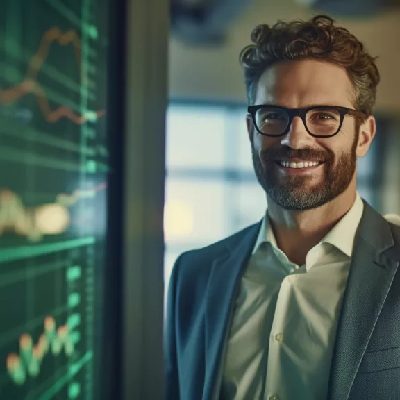 Man looking at the camera with multiple screens displaying statistics to his right.