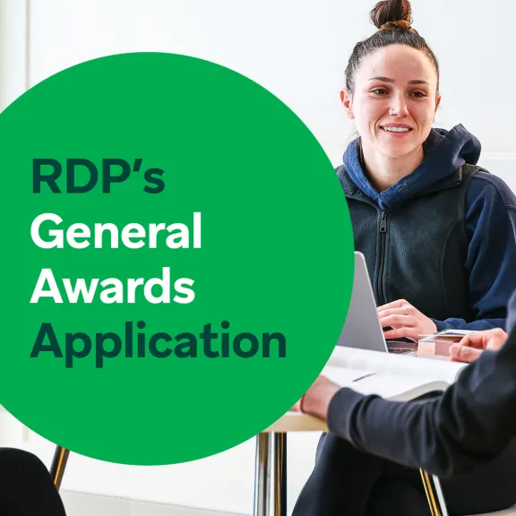 Smiling students with a green circle graphic that reads "RDP's General Awards Application"