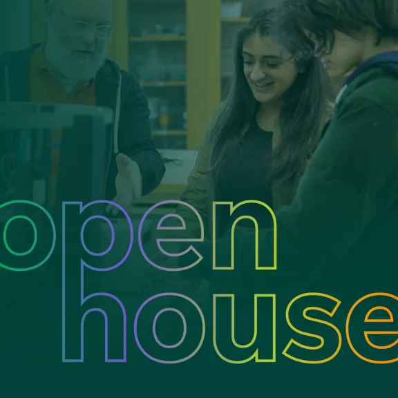 A group of students works on something in a lab while an instructor watches. "Open House" text and graphics appear overlayed