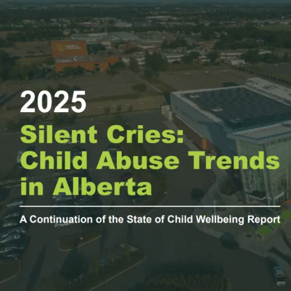 A faded picture of RDP's campus from the sky with text that reads: "Silent Cries: Child Abuse Trends in Alberta"