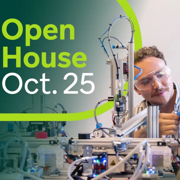 Male student in a lab with green graphic elements overtop and text that reads "Open House Oct. 25"