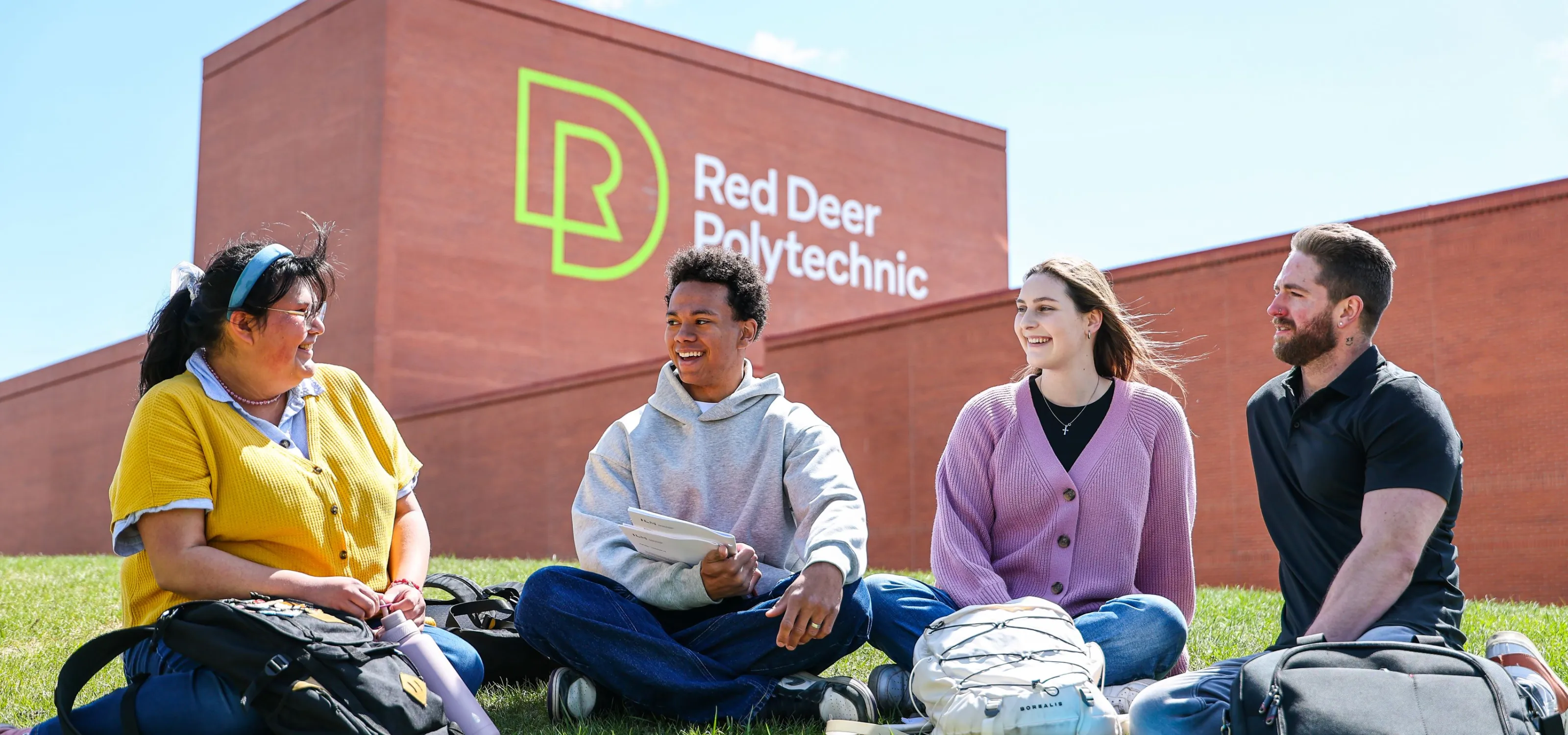 Four diverse students sit on a grassy hill behind the Arts Centre at RDP. You can see the RDP name and logo on the side of the building